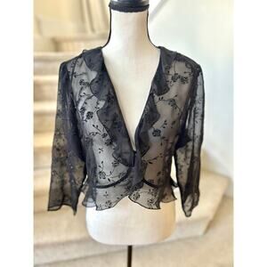 Vintage 90s Black Sheer Floral Ruffle Sparkle Cardigan Whimsygoth Regency Fairy